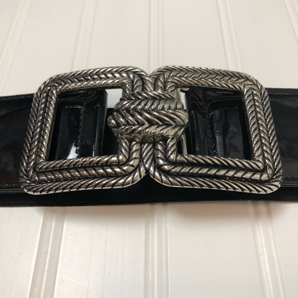 Symmetrical Silver Buckle Wide Elastic Waist Minimalist Dress Belt Black